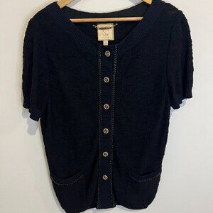 ST JOHN Couture Black/Navy Tweed Short Sleeve Sweater size 16 XL